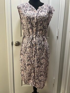 Loft Light Pink Floral Button-Front Midi Dress with Tie Waist Size Large